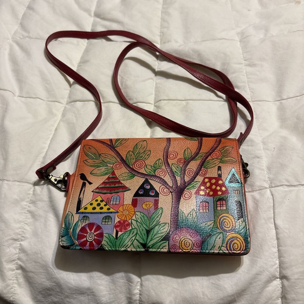 Anuschka Home & Floral Hand Painted Crossbody Wallet Purse W/ Pockets